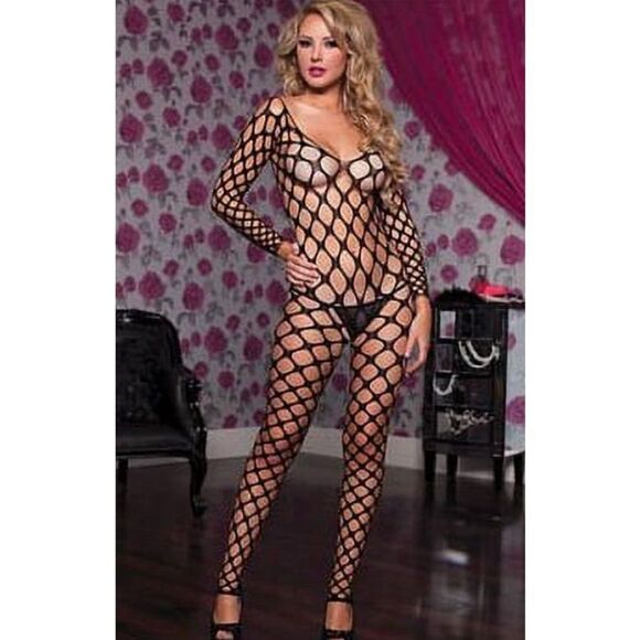 Seven 'til Midnight Bold Fishnet Bodystocking Long Sleeve 20420X Queen Size Blac - Picture 6 of 6